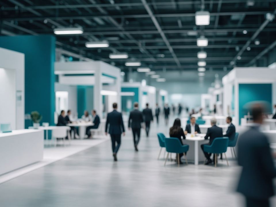 Illustrative image: a generic trade-show hall with small business meetings